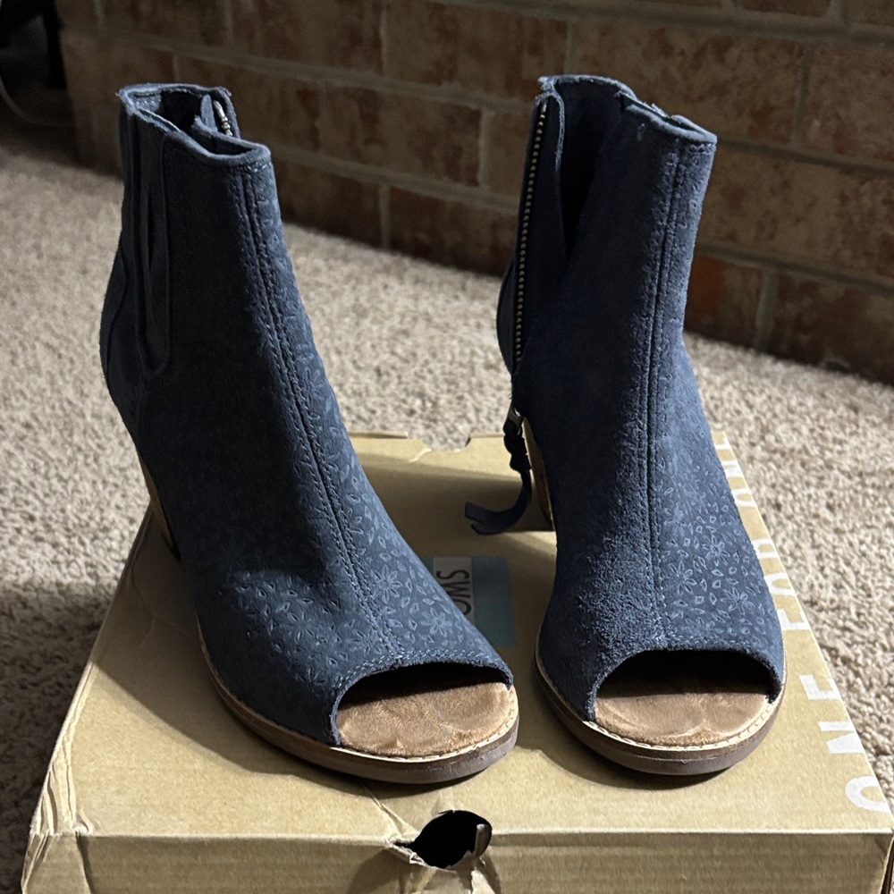 Toms Navy Peep-Toe Ankle Booties